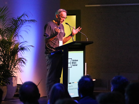 Jasper Fforde delivering an inspiring closing address